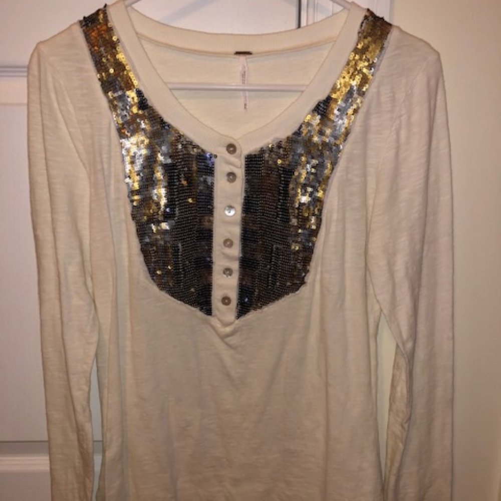 Free People Sequin Henley Style Long Sleeve Top